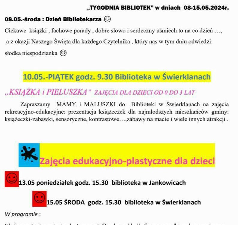 Zdjęcie do &bdquo;Gminna Biblioteka Publiczna W Świerklanach Z/s W Jankowicach&rdquo;. zaprasza do wsp&oacute;lnego świętowania Tygodnia Bibliotek!